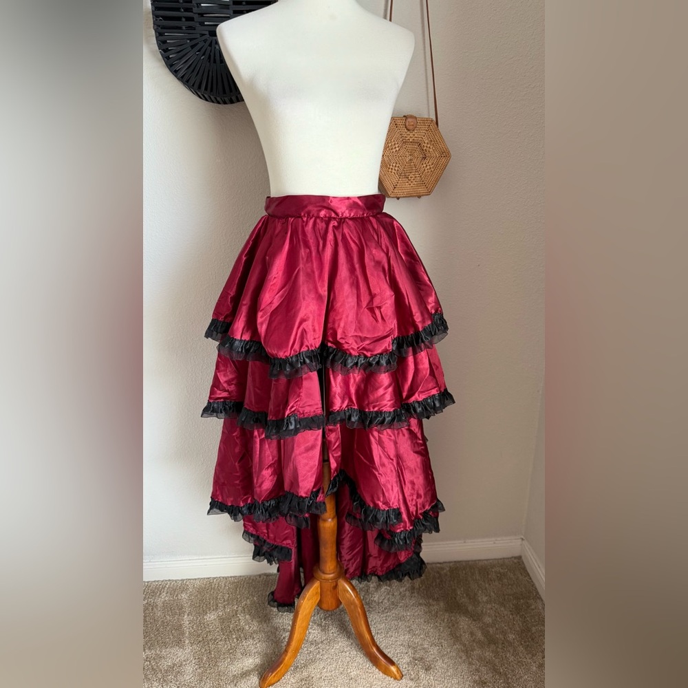 Red Ruffle Tiered Maxi Front Slit Skirt, Costume Size Adult Small